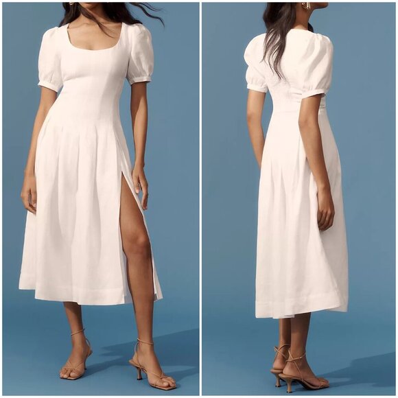 NEW Reformation Coucou Midi Linen Dress Puff Sleeves White | size 2 - Picture 1 of 12